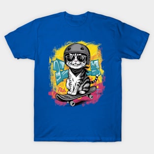 A unique and fun design featuring a stylish cat wearing a helmet and skateboarding. (2) T-Shirt